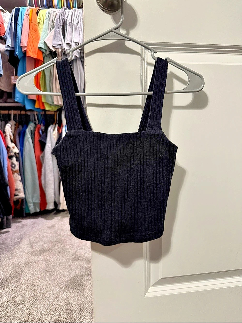 American Eagle Square Neck Ribbed Crop Tank Top Black XS